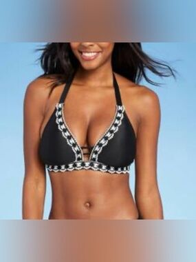 NWT Kona Sol Black Crotchet Trim Halter Bikini Top Size XL